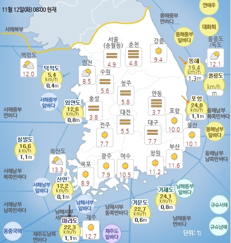 11월 12일 오전 8시 기준 날씨 현황. 기상청 홈페이지