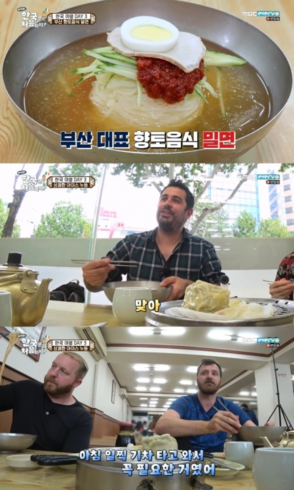 '어서와 한국은 처음이지?'에서 아일랜드 4인방이 부산 밀면과 왕만두 먹방을 선보였다. 방송 캡처