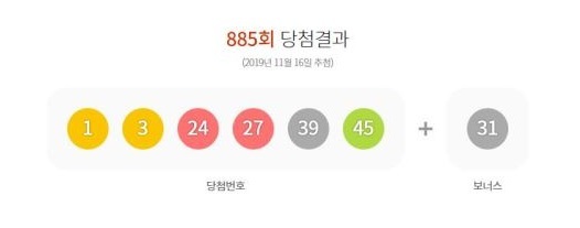로또 885회 1등 당첨번호. 동행복권 홈페이지