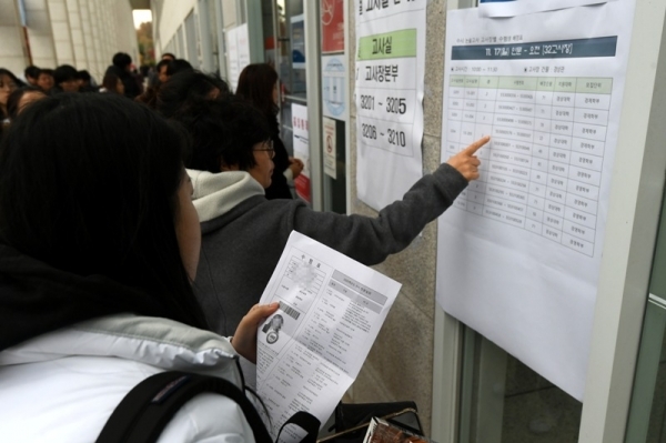 2020학년도 대입 수능시험이 마무리 된 가운데 일선 대학들의 수시전형이 한창이다. 17일 수시 논술시험이 치러진 안산 한양대 에리카캠퍼스에서 응시생들이 수험번호 및 좌석 등을 확인한 후 고사실에 입장하고 있다. 김시범기자