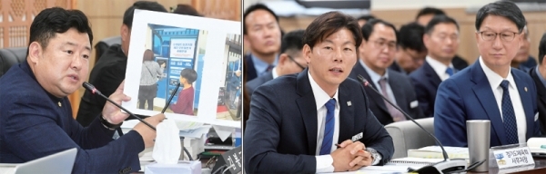 18일 경기도의회 문화체육관광위원회의 2019년도 경기도체육회, 경기도장애인체육회, 경기도월드컵경기장관리재단에 대한 행정사무감사에서 (왼쪽부터)질의를 하고 있는 김봉균 의원과 의원들의 질의에 답변하고 있는 박상현 경기도체육회 사무처장. 전형민기자