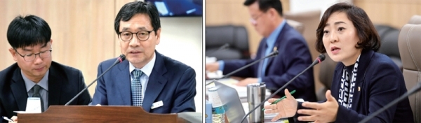 19일 경기도의회 농정해양위원회의 2019년도 산림환경연구소‚ 해양수산자원연구소에 대한 행정사무감사에서 강병언 해양수산자원연구소장이 의원들이 질의에 답하고 있다. 오른쪽 사진은 질의를 하고 있는 안혜영 부의장. 전형민기자