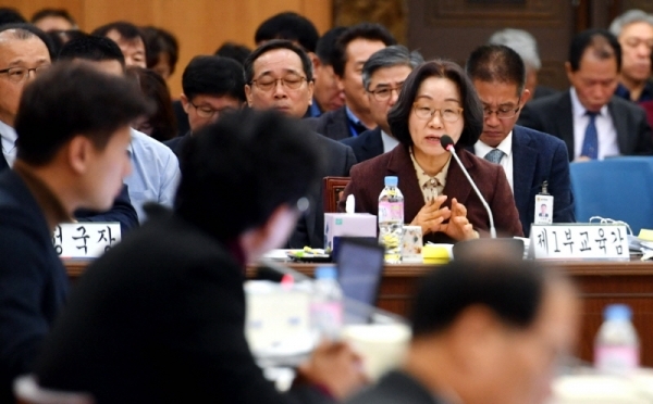 20일 경기도의회 교육위원회 2019년도 경기도교육청에 대한 행정사무감사에서 강명순 제1부교육감, 윤창하 제2부교육감 등 관련 공직자들이 의원들이 질의에 답변하고 있다.전형민기자