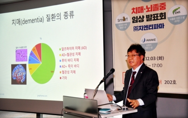 3일 수원컨벤션센터에서 열린 지엔티파마 치매, 뇌졸중 임상발표회에서 곽병주 박사(지엔티파마 대표이사)가 신약 임상발표를 하고 있다.전형민기자