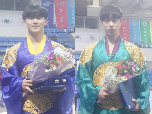 2019 춘천 대학장사씨름한마당에서 청장급 패권을 차지한 김석현(오른쪽)과 경장급 시즌 2관왕 전성근.경기대 제공