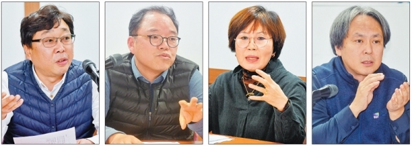 10일 오후 경기광역자활센터에서 열린 ‘2019 경기자활조직협의체 활동보고회’에서 참석자들이 발언하고 있다. (사진 왼쪽부터) 유병훈 ㈔경기지역자활센터협회장, 오영범 ㈔경기자활기업협회장, 권용옥 경기주민협동회네트워크대표, 이희석 경기광역자활센터장. 윤원규기자