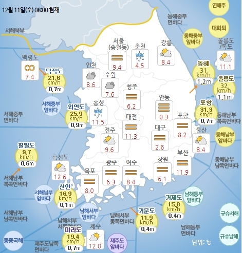 12월 11일 오전 8시 기준 날씨 현황. 기상청 홈페이지