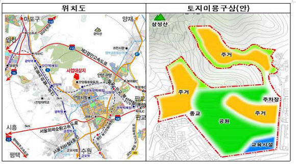 국토교통부가 ''수도권 30만가구 공급계획''에 포함된 택지인 경기 성남 낙생, 안양 매곡지구를 공공주택지구로 지정했다고 23일 밝혔다. 사진은 안양 매곡지구. 국토교통부 제공=연합뉴스