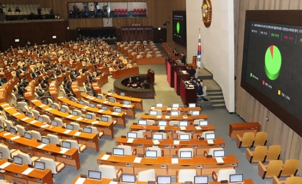 4+1 협의체가 마련한 공수처 설치법안 수정안이 30일 오후 열린 국회 본회의에서 자유한국당 의원들이 퇴장한 가운데 통과되고 있다. 연합뉴스