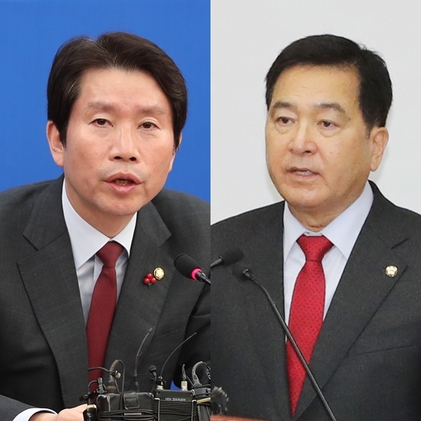 왼쪽부터 이인영 더불어민주당 원내대표, 심재철 자유한국당 원내대표