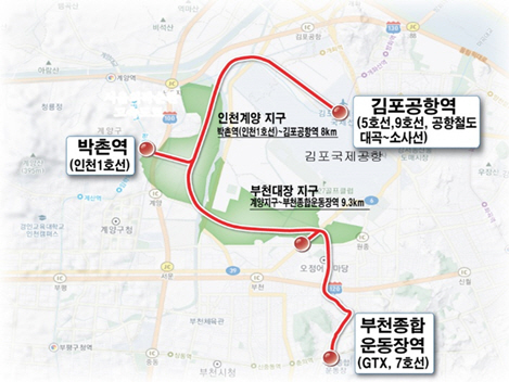 ▲ 계양·대장(김포공항역～박촌역～부천종합운동장역, L=17.3km) S-BRT 노선도