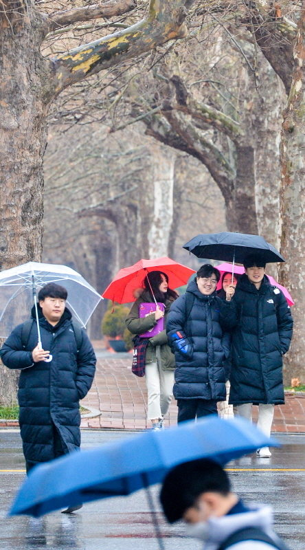 절기상 소한(小寒)인 6일 오후 인천시 미추홀구 인하대학교에서  우산을 쓴 학생들이 겨울비 내리는 교정을 거닐고 있다.조주현기자