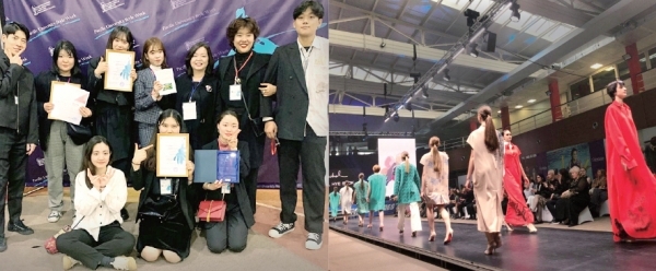 박혜숙 교수(뒷쭐 오른쪽 3번째)가 지난해 열린 'Pacific University Style Week 2019' 패션컨테스트에서 아방가르드 부문을 휩쓴 제자들과 함께 사진 촬영을 하고 있다.(왼쪽 사진) 박혜숙 교수가 러시아 블라디보스톡에서 열린 패션위크 개인패션쇼에서 자신의 작품을 선보이고 있다.