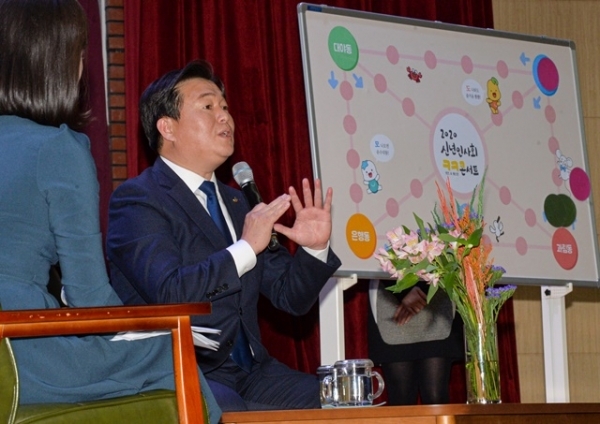 임병택 시흥시장이 17일 시흥abc행복학습타운에서 열린 '2020 신년인사회 ㅋㅋ콘서트'에서 시민들의 질문에 답변하고 있다.조주현기자