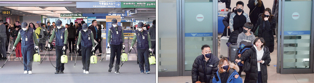 21일 오전 인천국제공항 1터미널 입국장에서 인천공항 위생소독용역 직원들이 중국 ‘우한(武漢) 신종 코로나바이러스 폐렴’의 국내 추가 유입에 대비해 소독 작업을 하고 있다.(왼쪽) 같은 날 중국 우한(武漢)에서 출발해 인천국제공항에 도착한 여행객들이 마스크를 쓴 채 입국장을 빠져 나오고 있다. 장용준기자