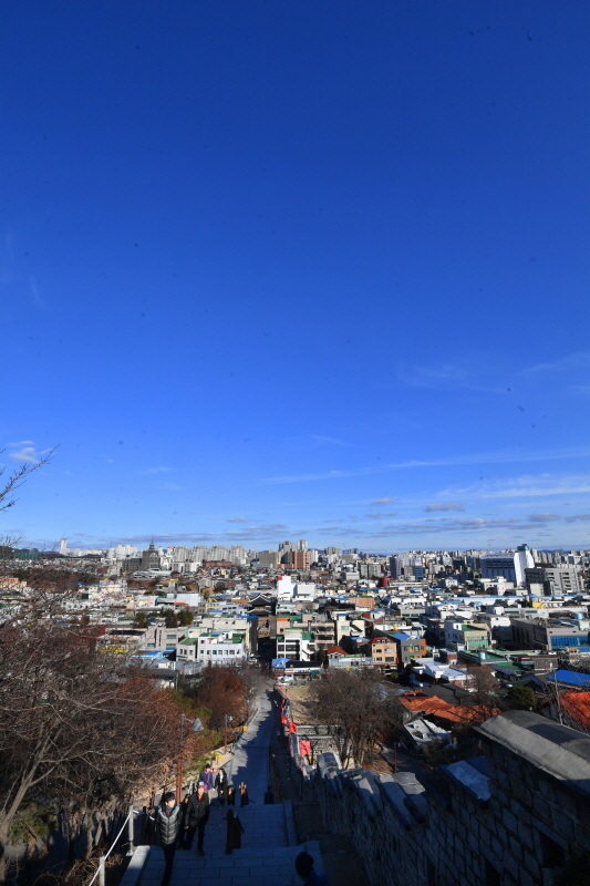 수일째 기승을 부리던 미세먼지가 물러가고 모처럼 파란하늘이 드러난 23일 오후 시민들이 파란하늘을 감상하며 수원화성 일대를 산책하고 있다. 김시범기자