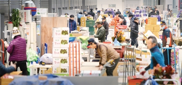 2일 새벽 개장한 인천시 남동구 남촌농산물도매시장의 상인들이 첫 손님을 맞기 위해 상품을 정리하고 있다. 장용준기자
