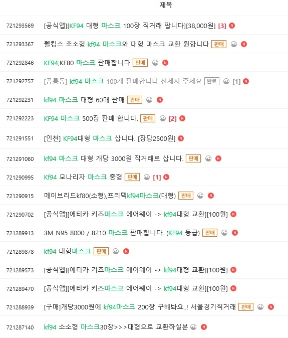 공적 마스크 공급 이후 중고 거래 커뮤니티 '중고나라'에 마스크를 판매한다는 글이 올라오고 있다. 중고나라 카페 화면 갈무리