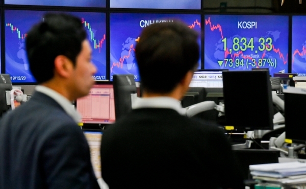 12일 서울 을지로 하나은행 본점 딜링룸 현황판에서 코스피 지수 종가 1,834.33이 표시되고 있다. 이날 코스피 지수는 세계보건기구(WHO)의 코로나19 팬데믹(세계적 대유행) 선언 영향으로 장중 1,900선이 붕괴되며 장중엔 사이드카까지 발동됐다. 윤원규기자