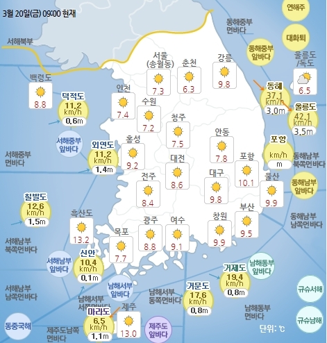 3월 20일 오전 9시 기준 날씨 현황. 기상청 홈페이지