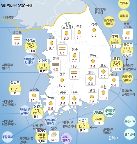 3월 25일 오전 8시 기준 날씨 현황. 기상청 홈페이지