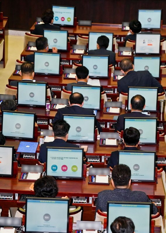 25일 오전 경기도의회 본회의장에서 열린 '제342회 임시회 제2차 본회의'에서 도의원들이  '경기도 재난기본소득 지급 조례안' 등 도내 사안에 대해 투표하고 있다. 윤원규기자