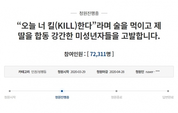 청와대 국민청원 게시판에 여중생 딸이 또래에게 집단 성폭행을 당했다며 강력한 처벌을 요구하는 청원이 올라와 모두의 공분을 사고 있다. 청와대 국민청원 게시판