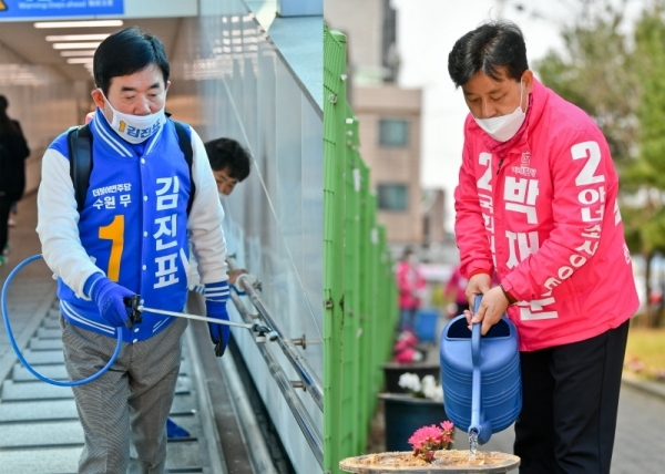 4·15 총선 공식선거운동 개시일인 2일 경기도내 각 선거구 후보들마다 다양한 방식의 출정식과 함께 일제히 선거운동에 돌입했다. 수원무 선거구에 출마한 더불어민주당 김진표 후보가 망포역 일대에서 코로나19 방역활동을 벌이고 있다(왼쪽). 미래통합당 박재순 후보가 버드네도서관 주변에서 환경보호 봉사활동을 펼치고 있다.  윤원규기자