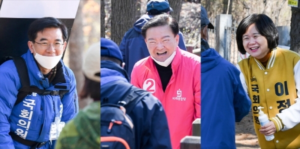 제21대 국회의원선거 공식선거운동 첫 휴일인 5일 인천 연수을에 출마한 (왼쪽부터)더불어민주당 정일영, 미래통합당 민경욱, 정의당 이정미 후보가 각각 청량산에서 유권자에게 지지를 호소 하고 있다. 장용준기자