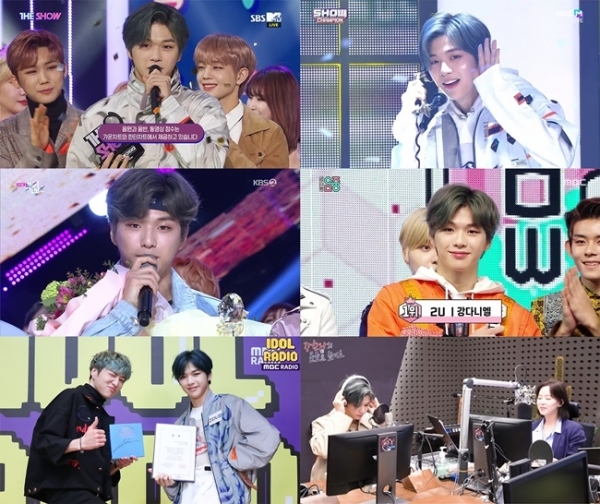 가수 강다니엘이 첫 번째 미니 앨범 'CYAN(사이언)' 발표 후 각종 음악방송에 출연하며 활동한 모습. MBC SBS KBS Mnet