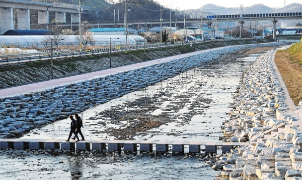 안산시가 수십억 원의 예산을 들여 ‘반월천 산책로 조성공사’를 실시하면서 수생생물의 이동 수단인 어도(魚道)를 확보하지 않은 채 공사를 강행한 것으로 드러나 환경단체 등으로부터 지적을 받고 있다. 사진은 공사가 마무리 된 반월천 산책로. 조주현기자