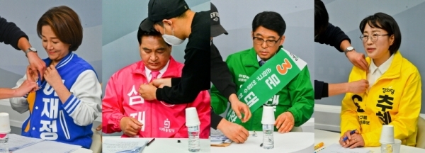 제21대 국회의원선거 안양시 동안구 을 선거구 후보자 토론회가 열린 8일 오후 안양 티브로드 ABC방송에서 (왼쪽부터) 더불어민주당 이재정, 미래통합당 심재철, 민생당 문태환, 정의당 추혜선 후보가 각각 토론 준비를 하고 있다. 윤원규기자