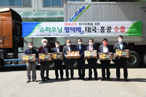 13일 평택과수농협 산지유통센터에서 열린 ‘평택배 태국ㆍ홍콩 수출 선적식’에서 정장선 평택시장과 김장섭 경기농협 본부장, 신현성 평택과수농협조합장 등 관계자들이 수출길에 오르는 평택배를 들고 기념촬영을 하고 있다. 경기농협 제공