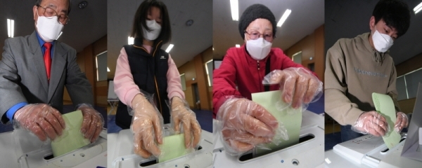 제21대 국회의원 선거가 열린 15일 오전 광명7동 제3투표소에서 시민들이 투표를 하고 있다.조주현기자