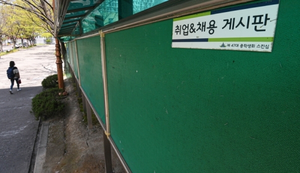 코로나19 여파로 기업들이 상반기 신규 채용이 취소 및 축소되는 등 청년들이 일자리를 구하지 못해 어려움을 겪고 있다. 18일 오전 수원시 장안구 성균관대 자연캠퍼스에 설치된 취업 채용 관련 게시판이 텅 비어 있다. 통계청이 지난 17일 발표한 `2020년 3월 고용동향`에 따르면 3월 취업자 수는 2660만9000명으로 전년동월대비 19만5000명 감소했다. 이는 글로벌 금융위기 여파가 남아있던 2010년 1월 이후 10년 2개월만에 처음이자 글로벌 금융위기가 있었던 지난 2009년 5월 이후 최대폭의 감소다.조주현기자