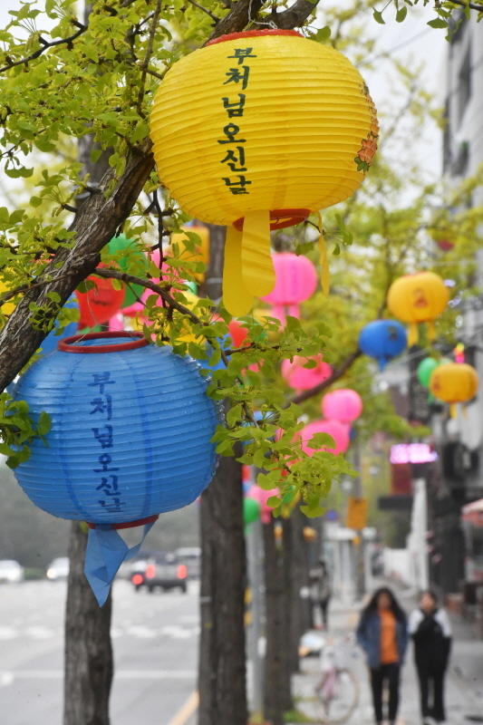 부처님오신날을 열흘 앞둔 20일 수원시내 곳곳에 오색연등이 등장, 시민들의 눈길을 끌고 있다. 불교계는 코로나19 여파로 봉축법요식을 한달 연기한 5월 30일 봉행할 예정이다. 김시범기자
