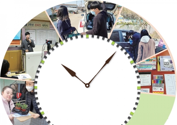 (사진 왼쪽부터 시계방향) 남양주 경은학교 교사가 특수학교 학생을 만나 봄꽃화분을 전달하고 있다.  수원 고색고등학교 ‘구글 미트’를 활용한 쌍방향 수업 실시.  안성 양성중학교 교사가 교과서와 학습자료를 직접 배달하고 있다.  수원 천일초등학교 교사들이 교과서와 학습꾸러미를 전달하고 있다.  교과서와 학습꾸러미.