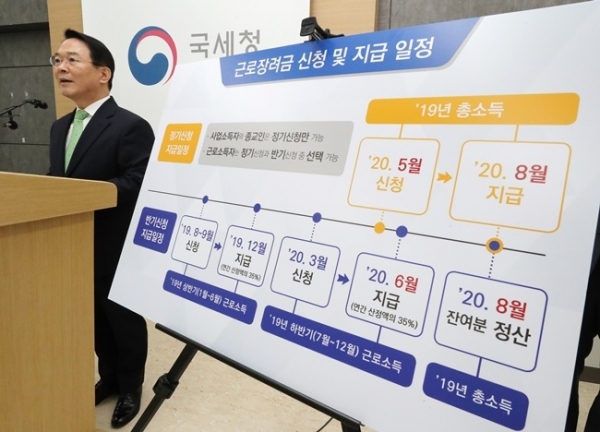 국세청 이청룡 소득지원국장이 27일 오전 세종시 정부세종2청사에서 코로나19 극복 '568만 저소득 가구에 근로·자녀장려금' 신청 등과 관련해 설명하고 있다. 연합뉴스