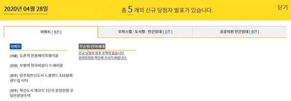 4월 28일 당첨자 발표. 청약홈