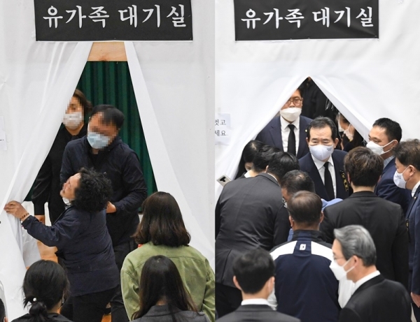 3일 오전 이천시 물류창고 공사장 화재 희생자의 합동분향소에서 한 유족이 슬픔에 겨워 오열하고 있다. 이날 정세균 국무총리는 분향소를 찾아 유가족을 위로한 후 빠져나오고 있다. 조주현기자