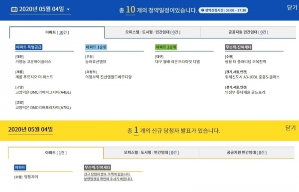 5월 4일 청약일정(과) 청약 당첨자 발표. 청약홈 홈페이지