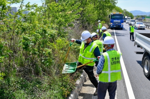 봄철을 맞아 경기도가 31개 시군의 11,568km의 도로의 대대적인 대청소가 진행중인 7일 오전 안성시의 한 국도변에서 안성시 도로보수원들이 도로의 잡초와 나뭇가지를 정리하고 있다. 윤원규기자