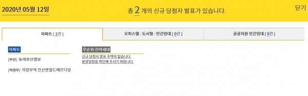 5월 12일 청약 당첨자 발표. 청약홈