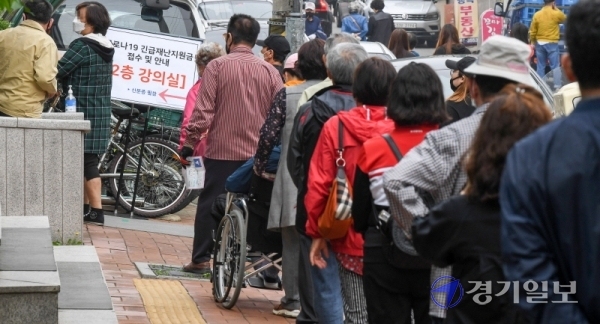코로나19 관련 긴급재난지원금 오프라인 신청 접수 첫날인 18일 오전 인천시 서구 연희동 주민센터 앞에 길게 늘어선 시민들이 신청 순서를 기다리고 있다. 행정안전부는 이날 오전 9시부터 읍면동 주민센터 등에서 긴급재난지원금 지역사랑상품권과 선불카드 오프라인 신청을 받으며 마스크 5부제와 동일한 요일제로 신청할 수 있다고 밝혔다.  장용준기자