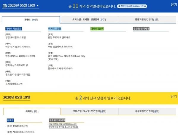 5월 19일 청약 일정(위)과 청약 당첨자 발표. 청약홈