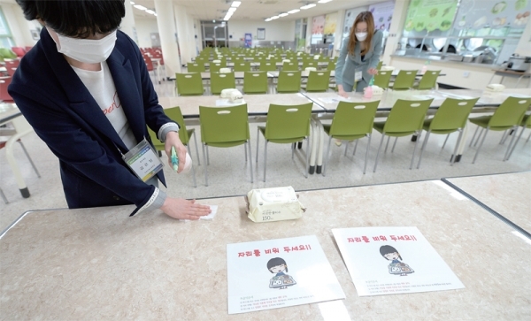 고등학교 3학년 등교를 하루 앞둔 19일 인천시 남동구 논현고등학교 관계자가 코로나19 감염의 취약지역인 급식실에서 한줄 앉기와 한칸 띄우기 등 거리두기 배치 작업을 하고 있다. 장용준기자