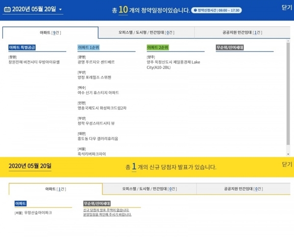 5월 20일 청약 일정(위), 당첨자 발표. 청약홈