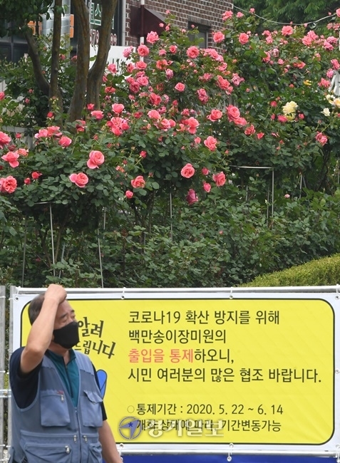 22일 오후 지역 내 코로나19 확산으로 잠정폐쇄된 부천시 백만송이장미원 앞에 폐쇄를 알리는 안내문이 내걸린 펜스가 놓여있다. 시는 본격적인 장미 개화 시기와 맞물려 많은 시민들이 도당공원을 방문할 것을 대비해 출입 통제를 결정하고 시민들의 불편함을 최소화하기 위해 코로나19 통제와 개인위생수칙 관련 안내 방송을 실시하고 순찰과 계도를 위한 비상근무반을 운영할 계획이다. 조주현 기자