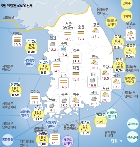 5월 25일 8시 날시 현황. 기상청