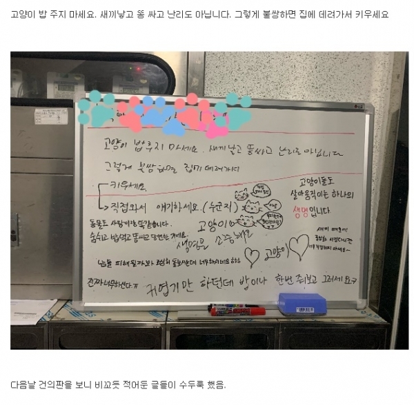 길고양이로 갈등을 겪고 있는 윗집과 아랫집이 빌라 건의판을 통해 설전을 벌이고 있다. 온라인 커뮤니티